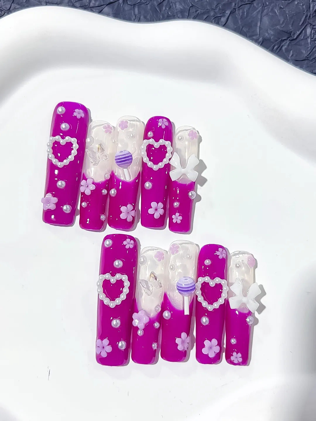Pink White Purple Solid color Heart Bow Flower Pearl press on nails close up