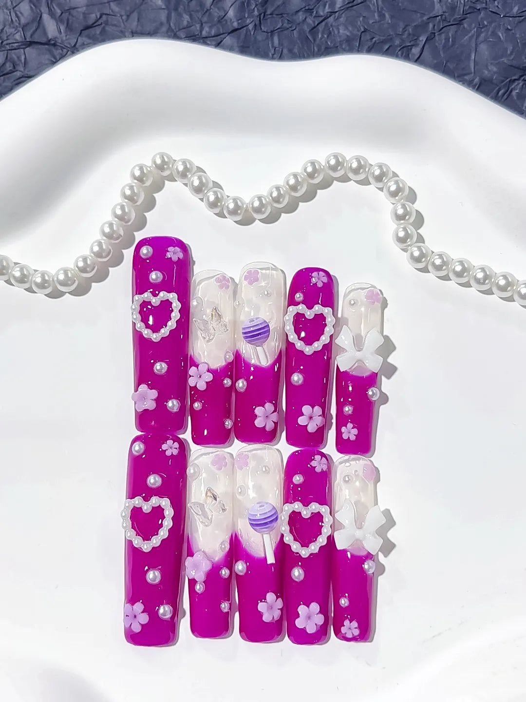 Pink White Purple Solid color Heart Bow Flower Pearl press on nails detail view