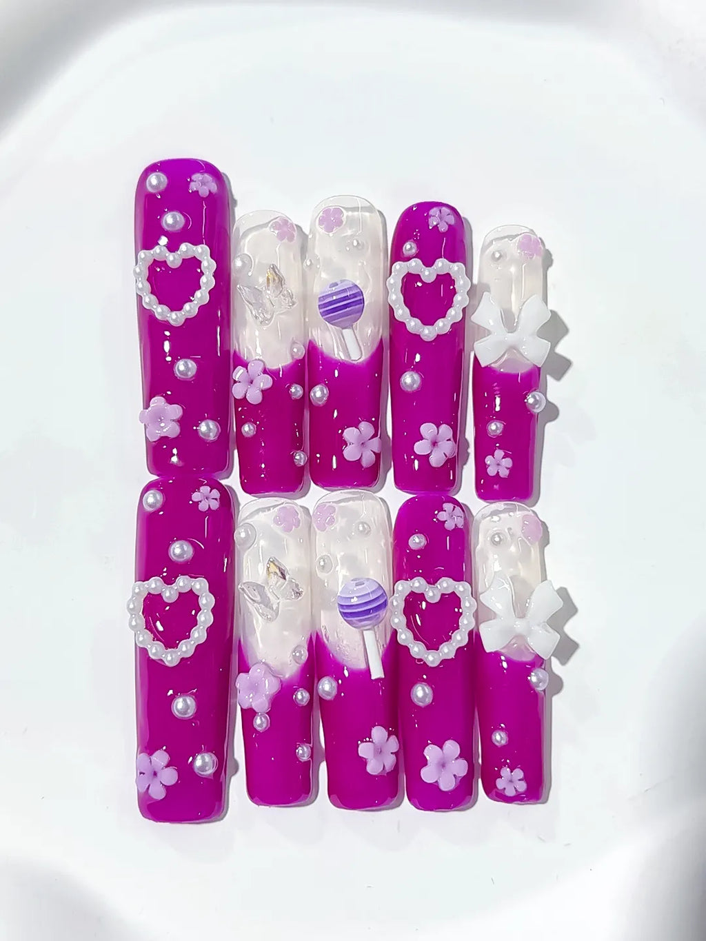 Pink White Purple Solid color Heart Bow Flower Pearl press on nails detail view
