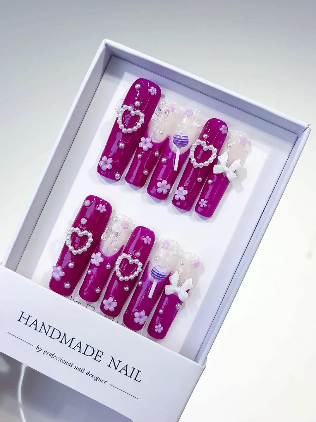 Pink White Purple Solid color Heart Bow Flower Pearl press on nails