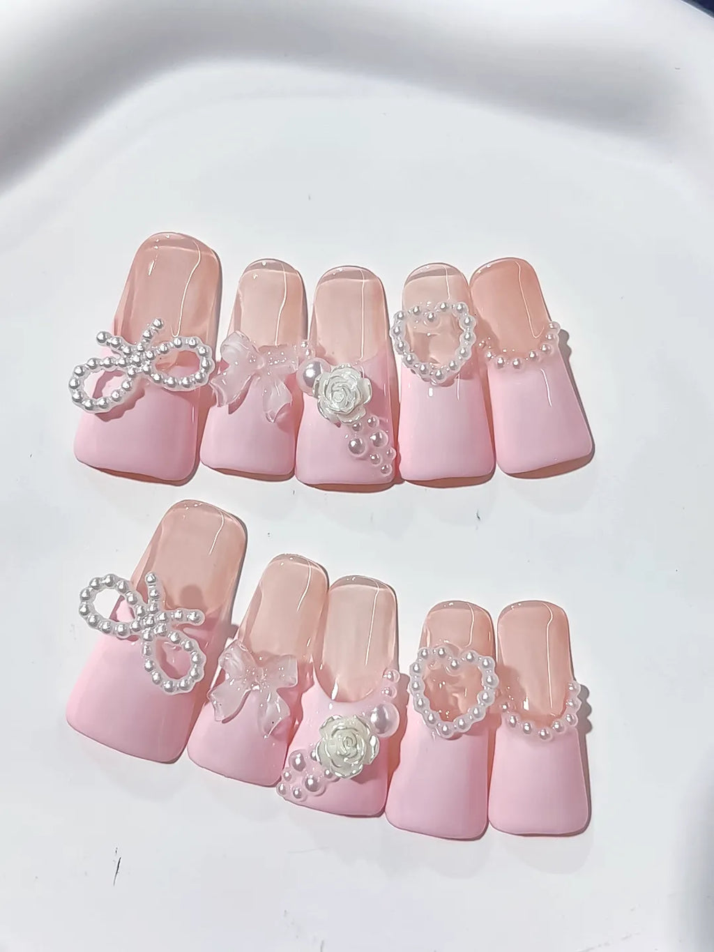 Pink Silver Solid color Bow Heart Flower press on nails detail view