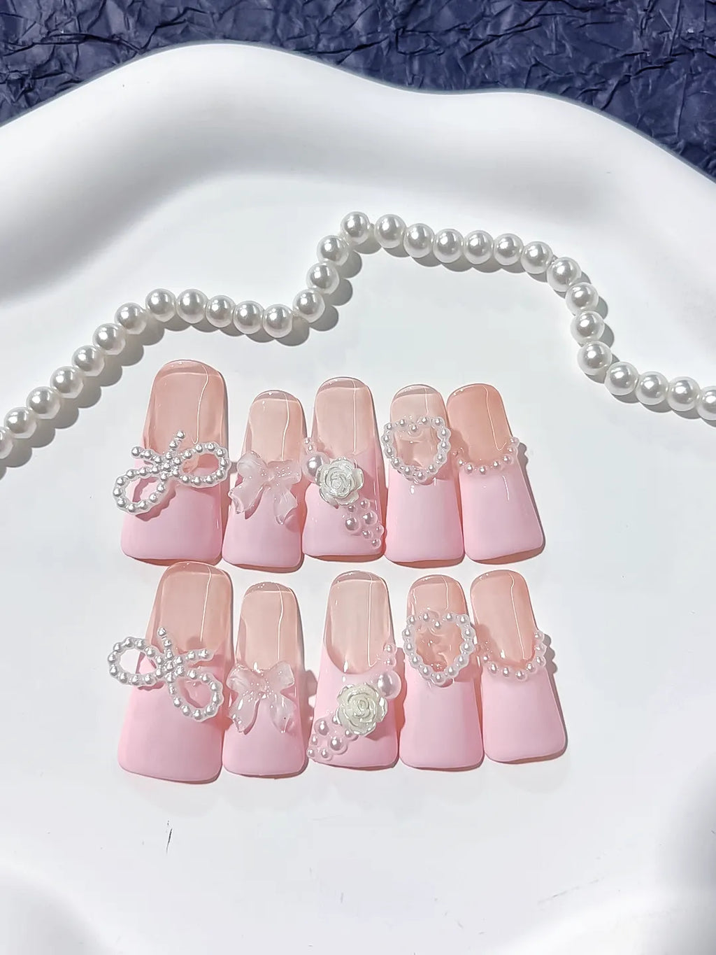 Pink Silver Solid color Bow Heart Flower press on nails detail view