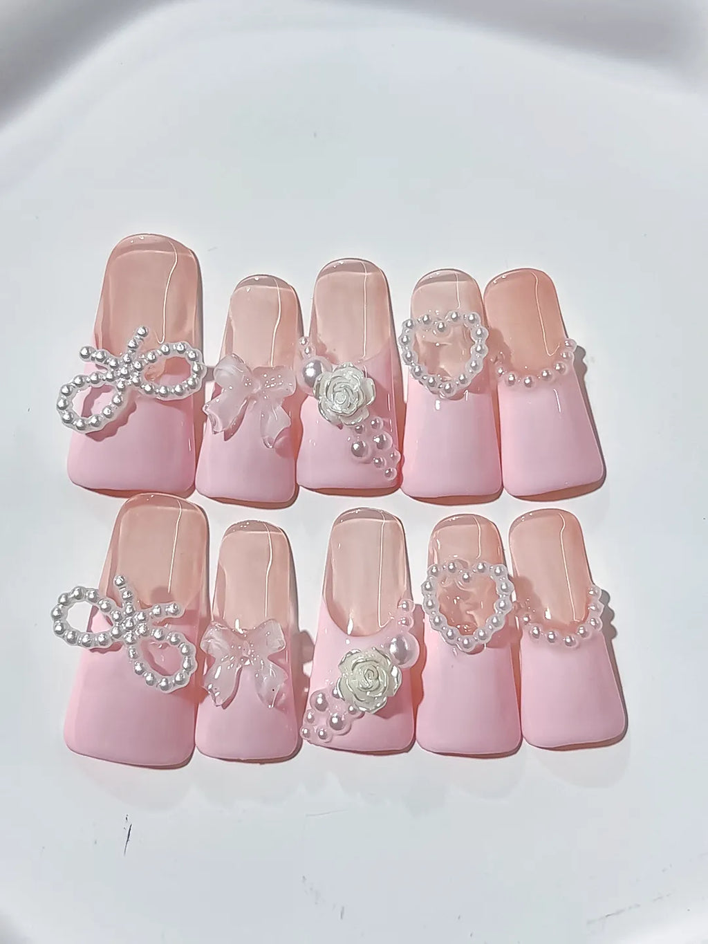 Pink Silver Solid color Bow Heart Flower press on nails detail view