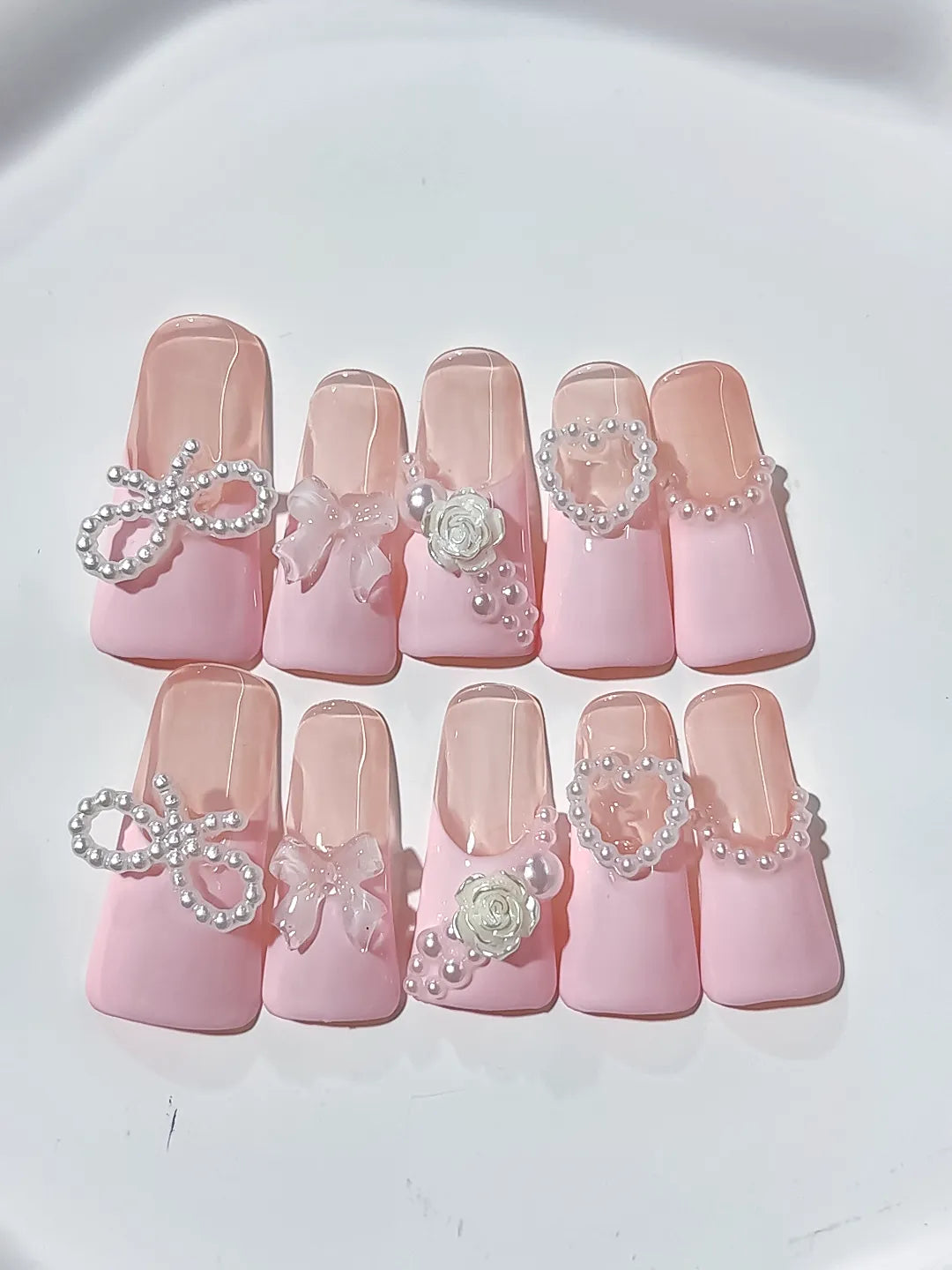 Pink Silver Solid color Bow Heart Flower press on nails detail view