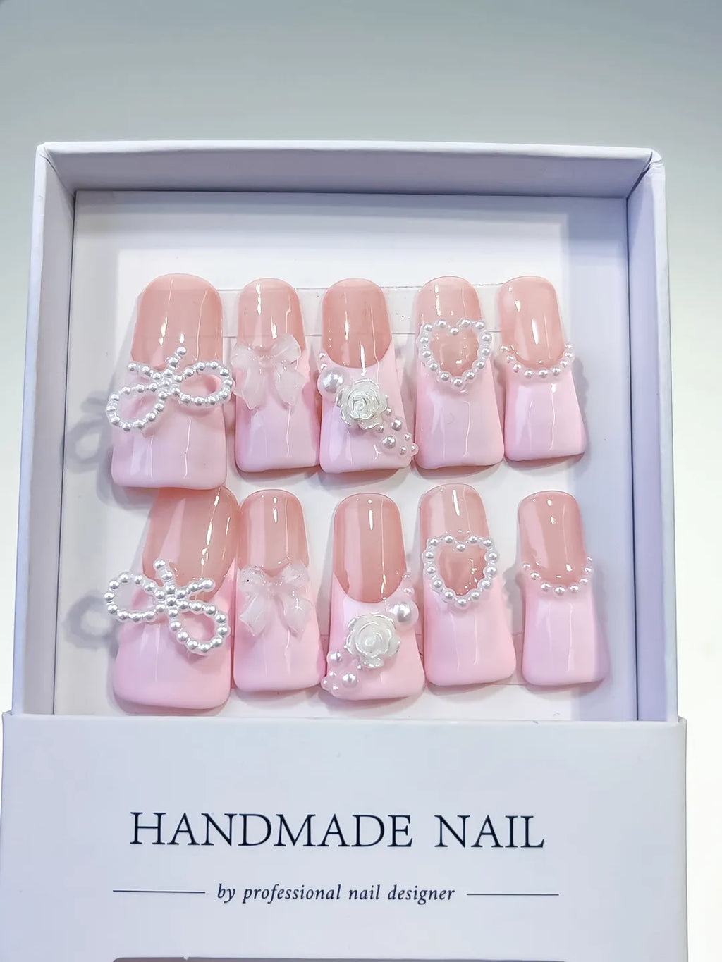 Pink Silver Solid color Bow Heart Flower press on nails full set view