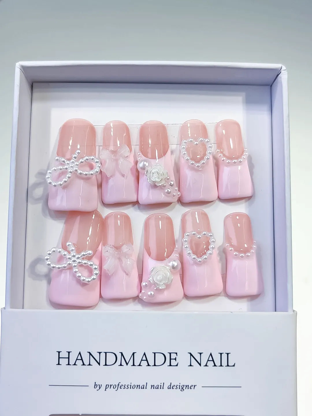 Pink Silver Solid color Bow Heart Flower press on nails full set view