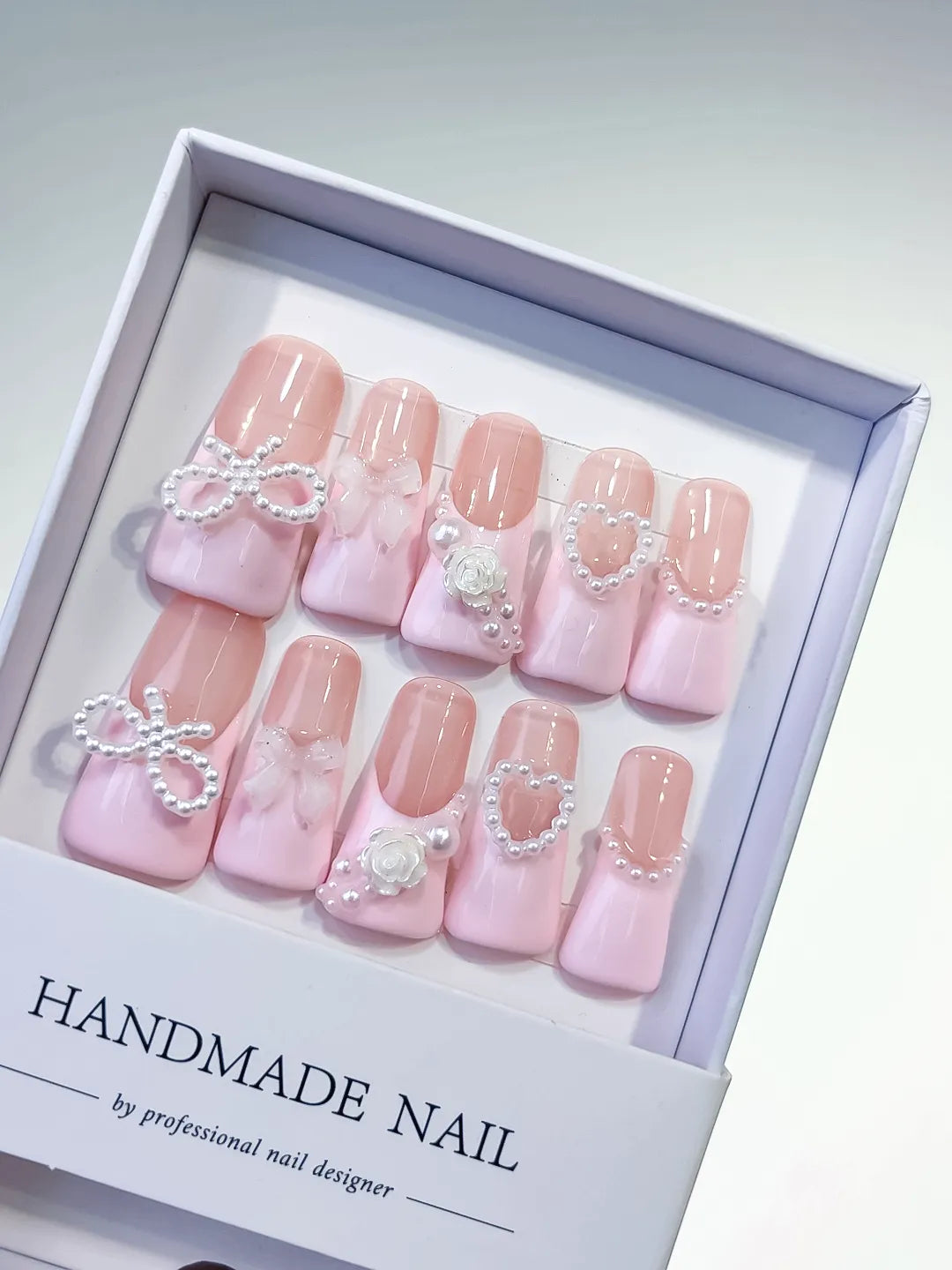 Pink Silver Solid color Bow Heart Flower press on nails