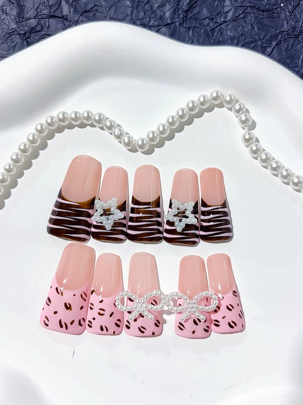 Pink Brown Silver Abstract Bow Star Animal Print press on nails detail view