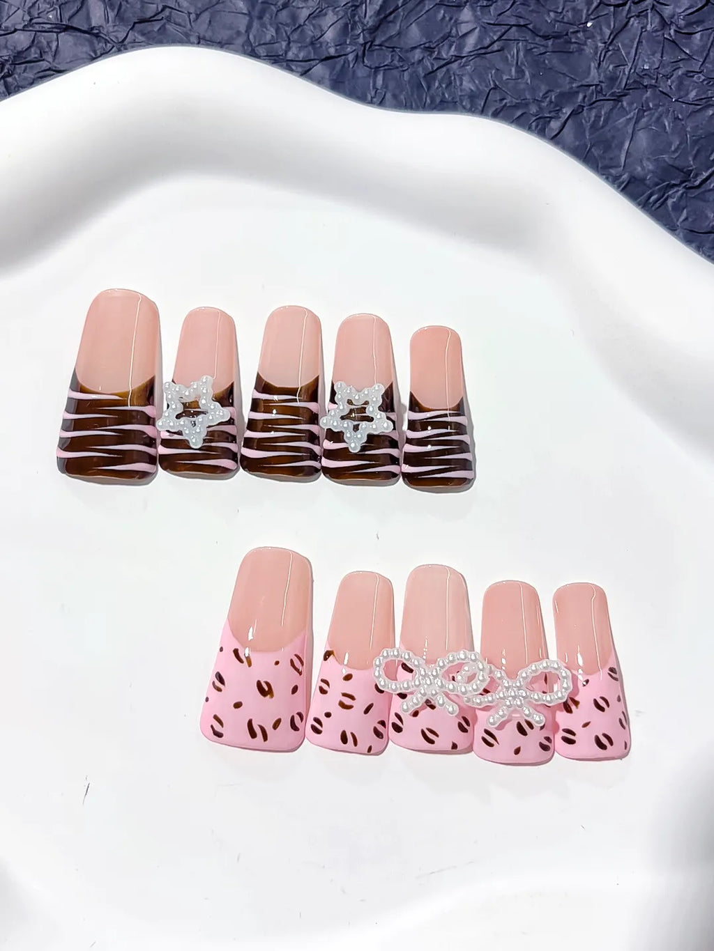 Pink Brown Silver Abstract Bow Star Animal Print press on nails close up