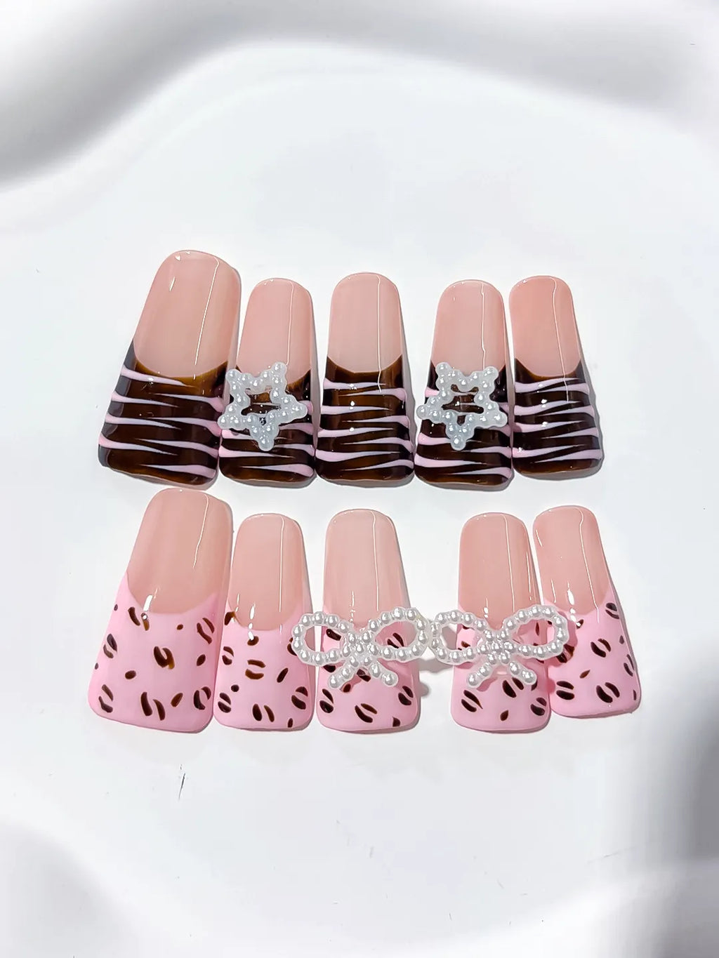 Pink Brown Silver Abstract Bow Star Animal Print press on nails detail view