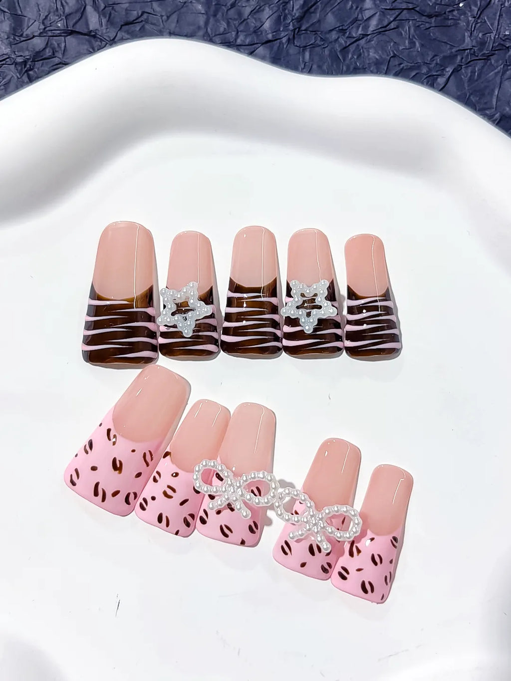 Pink Brown Silver Abstract Bow Star Animal Print press on nails detail view