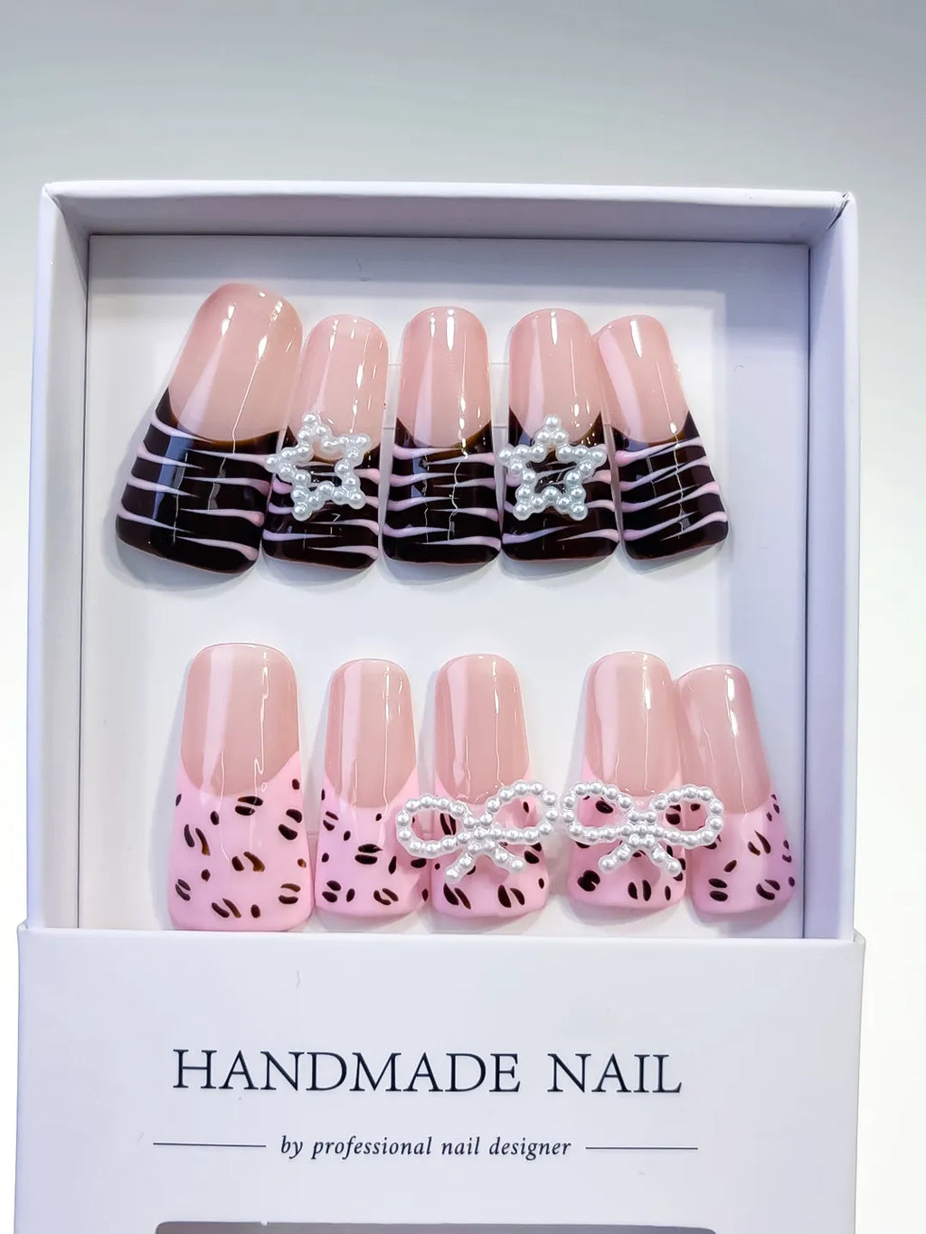 Pink Brown Silver Abstract Bow Star Animal Print press on nails full set view