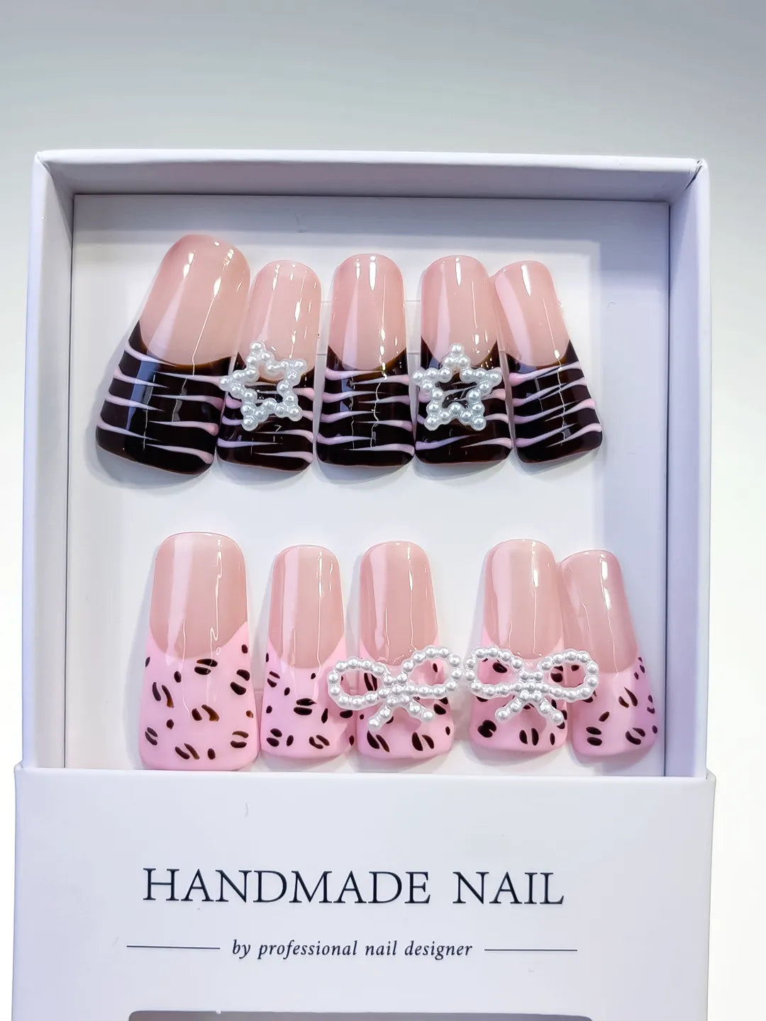 Pink Brown Silver Abstract Bow Star Animal Print press on nails full set view