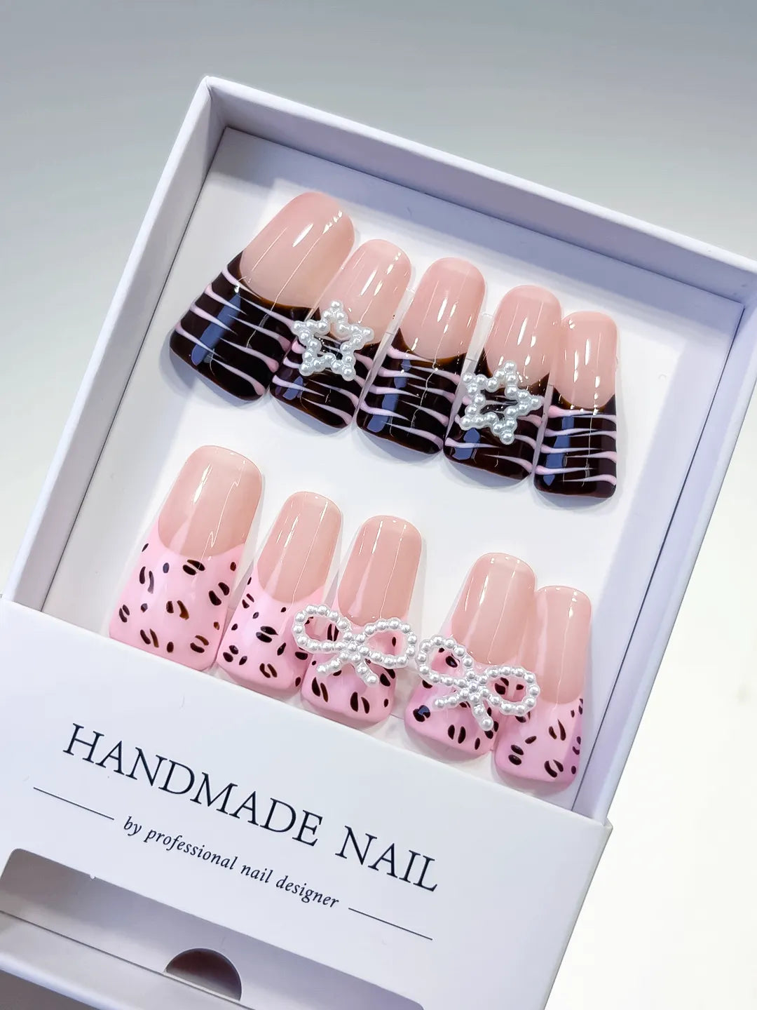 Pink Brown Silver Abstract Bow Star Animal Print press on nails