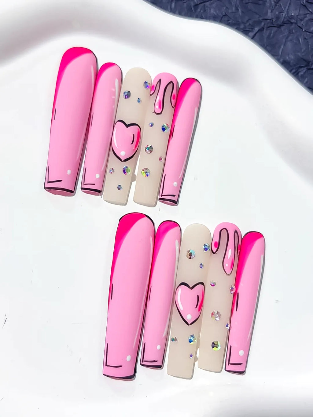 Pink Nude Black Abstract Heart Rhinestone press on nails close up