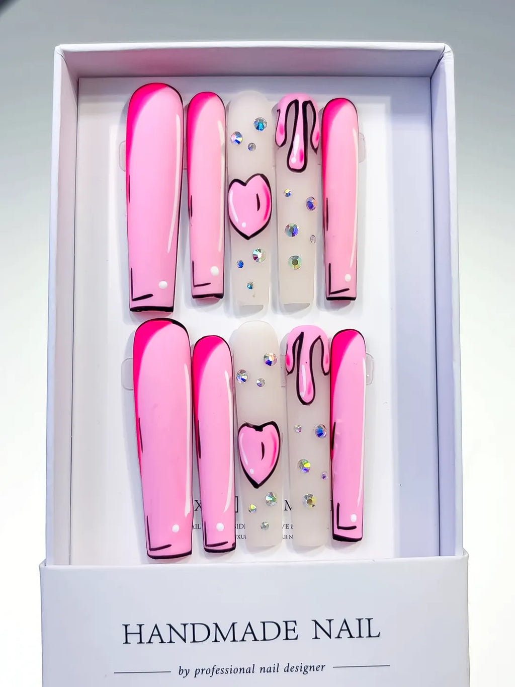 Pink Nude Black Abstract Heart Rhinestone press on nails full set view
