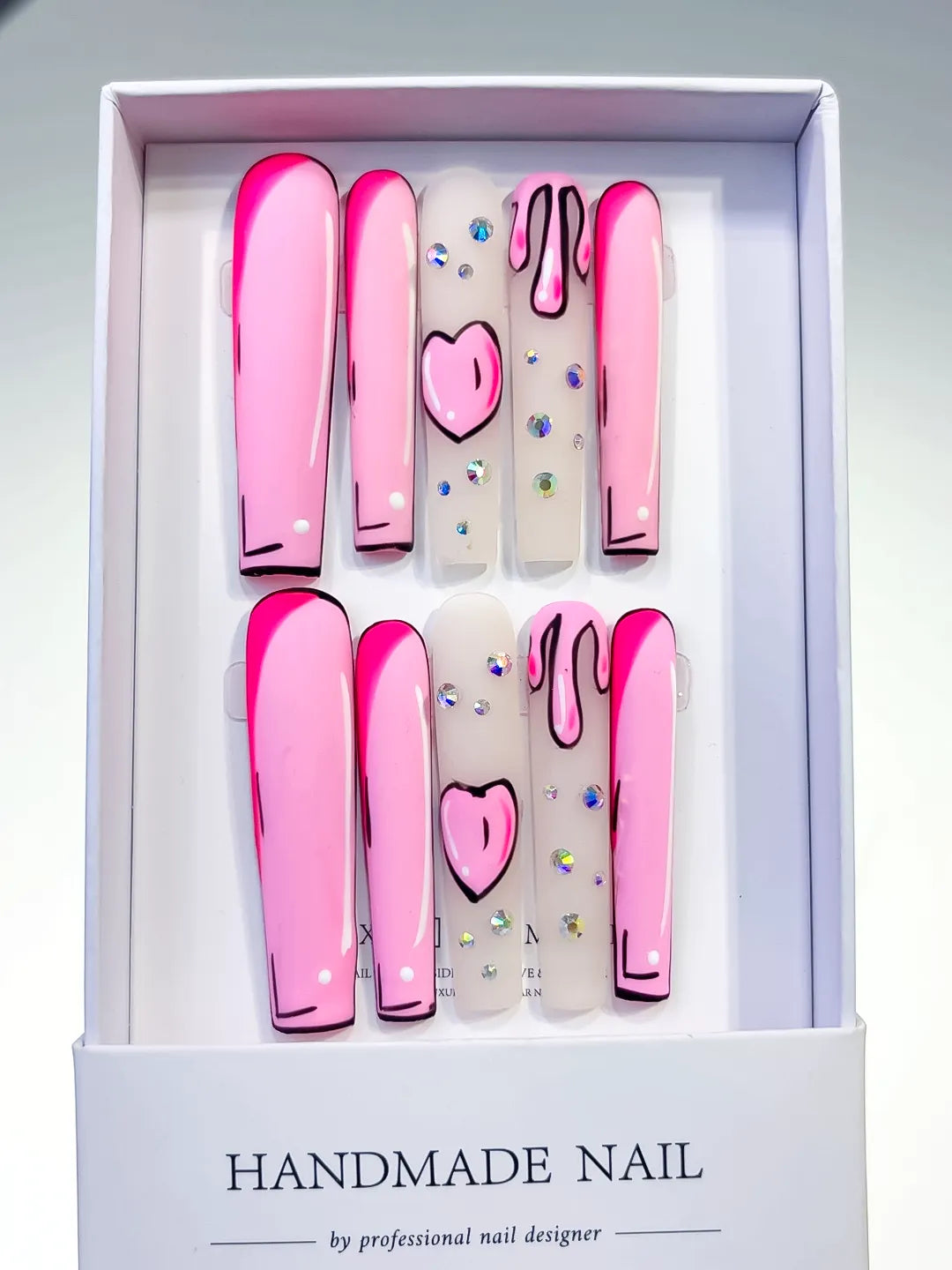 Pink Nude Black Abstract Heart Rhinestone press on nails full set view