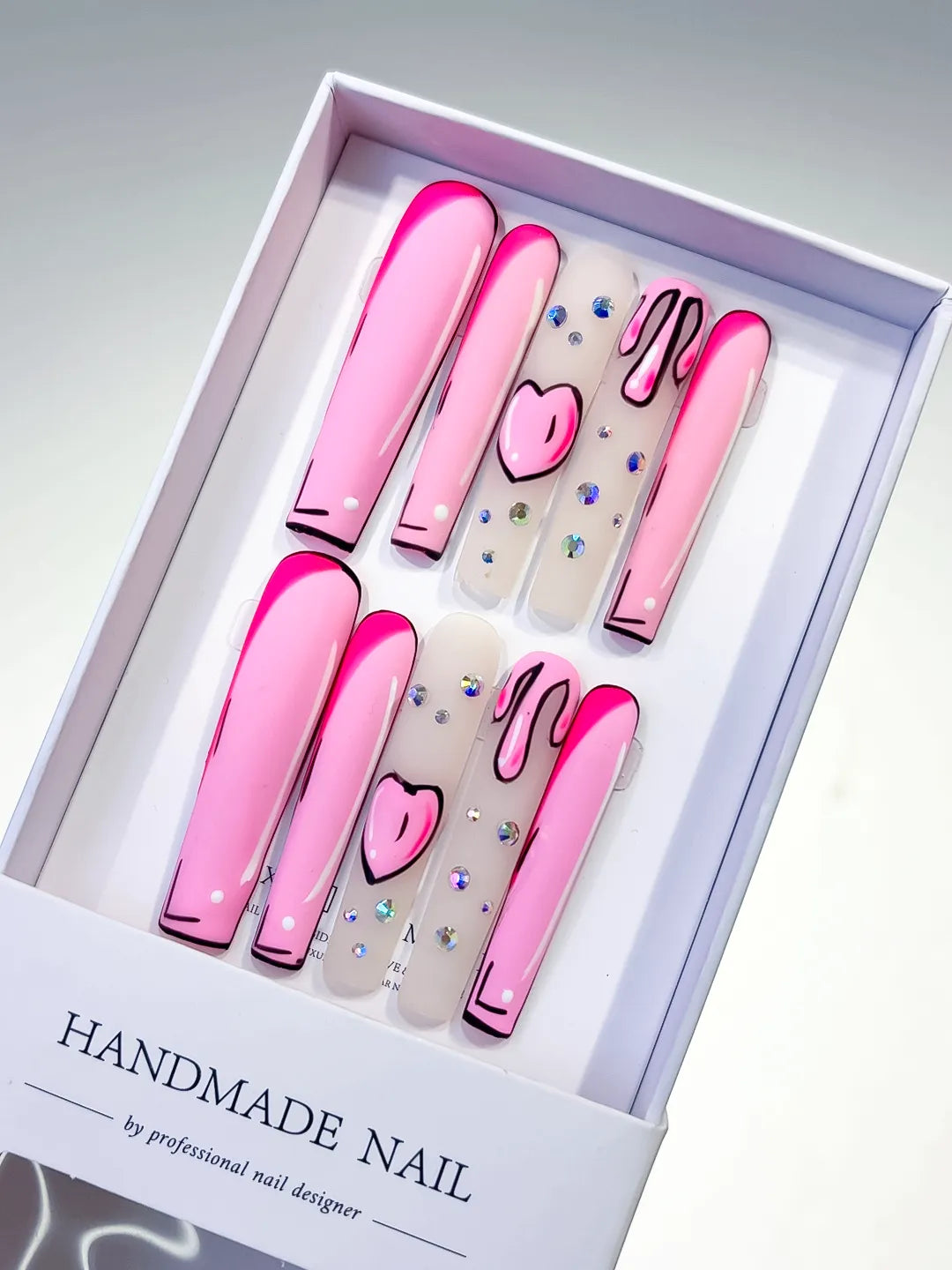 Pink Nude Black Abstract Heart Rhinestone press on nails