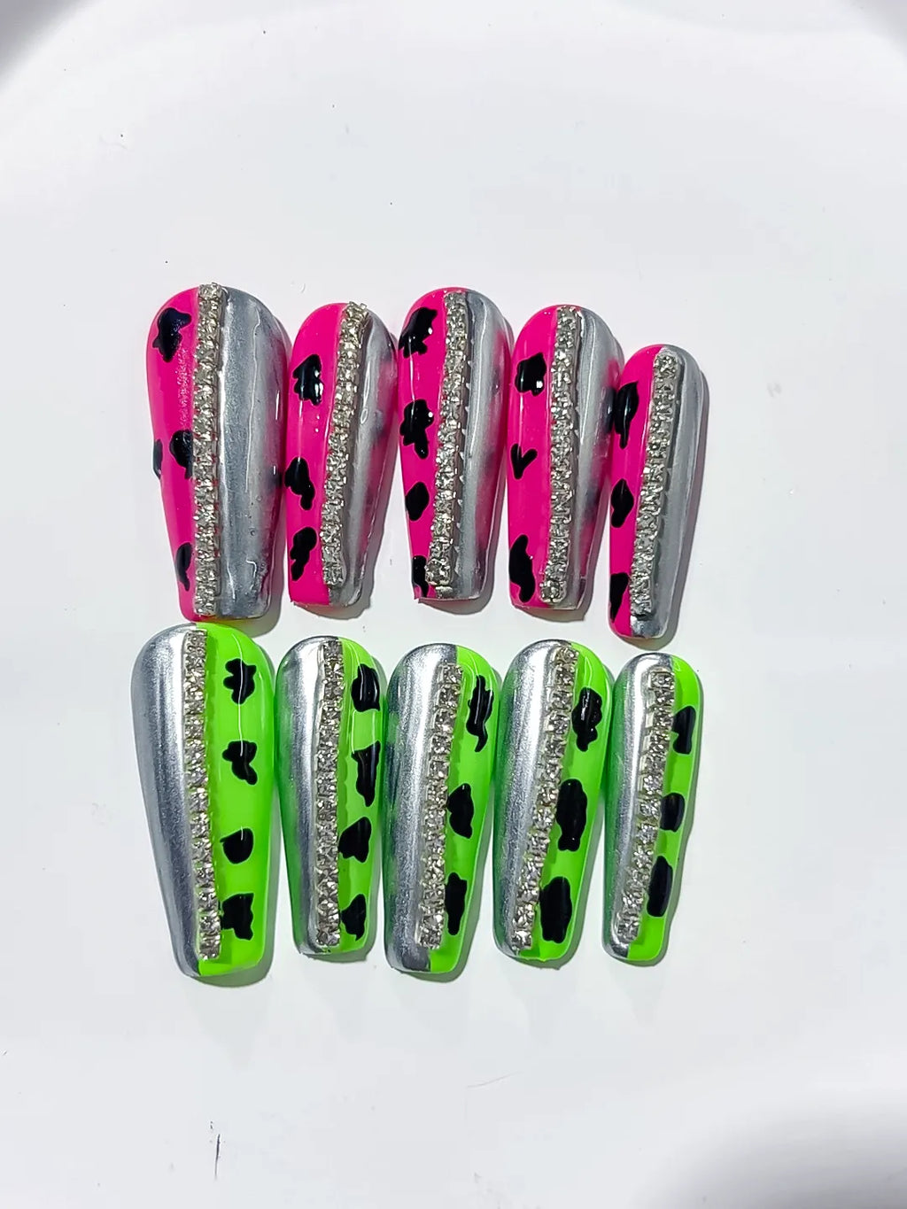 Pink Green Silver Black Abstract Animal Print press on nails detail view