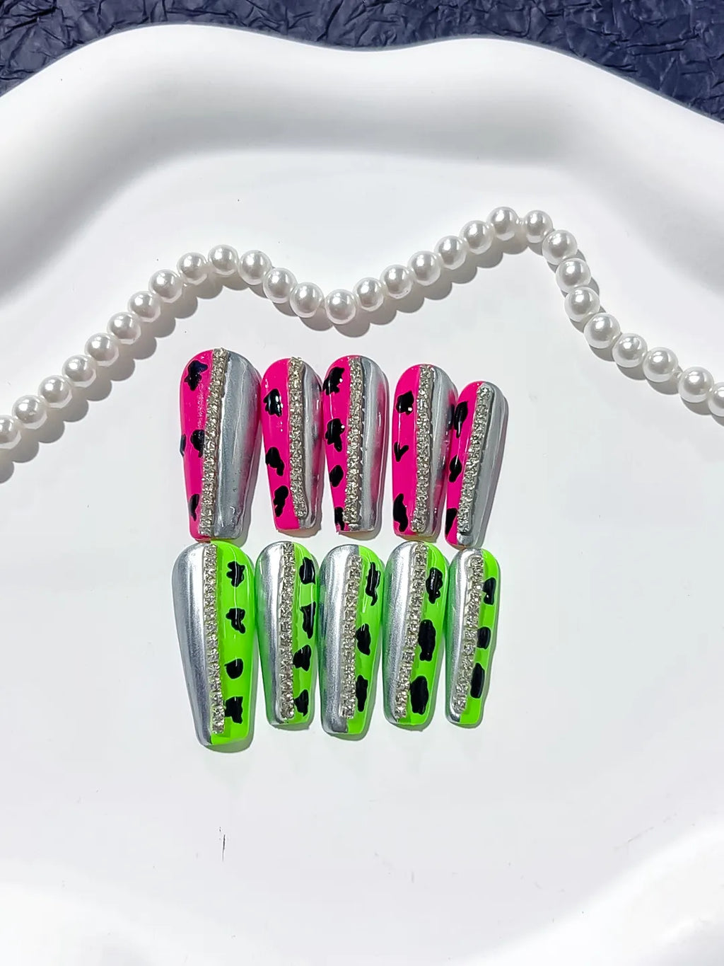 Pink Green Silver Black Abstract Animal Print press on nails close up