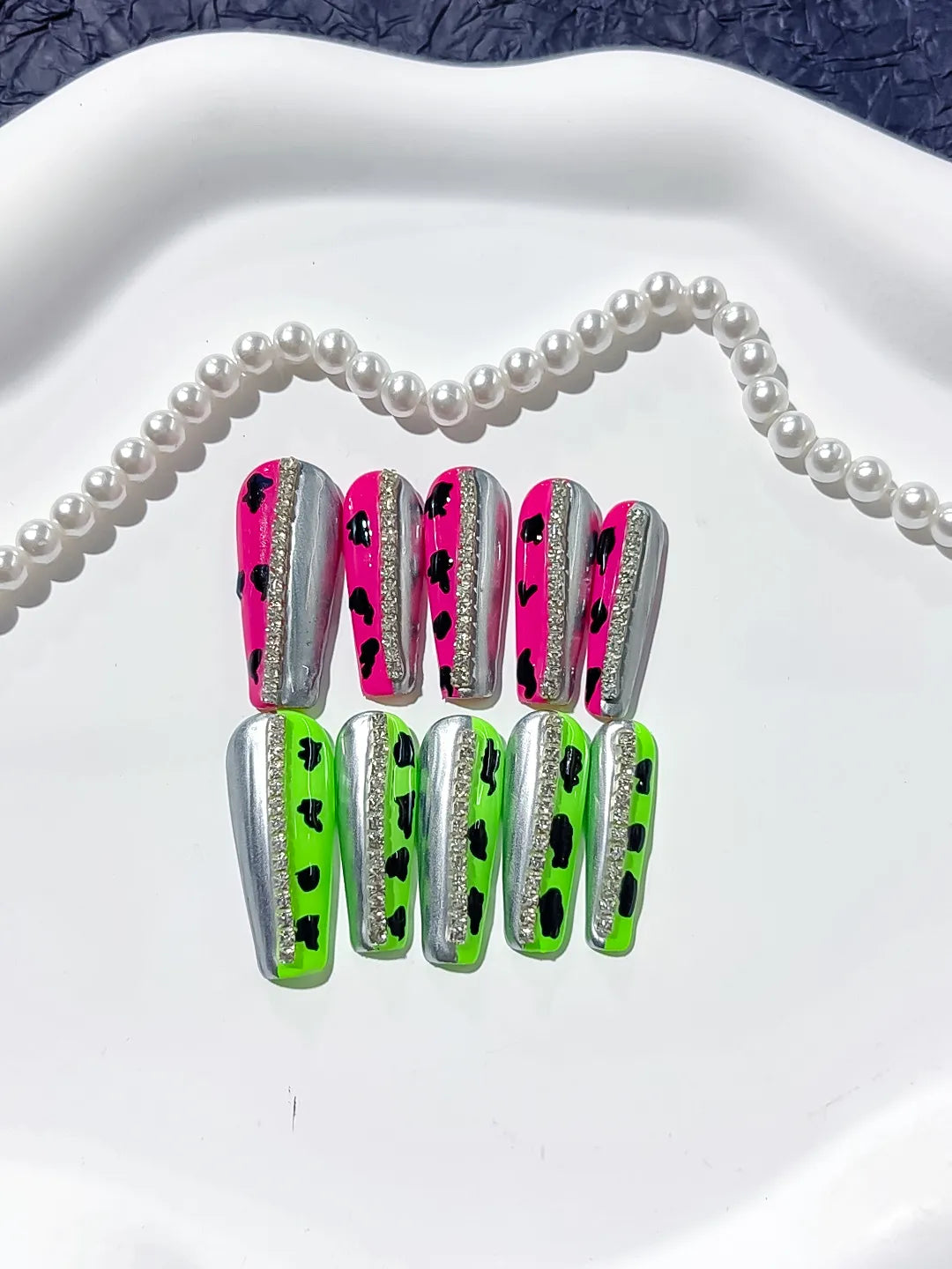 Pink Green Silver Black Abstract Animal Print press on nails close up