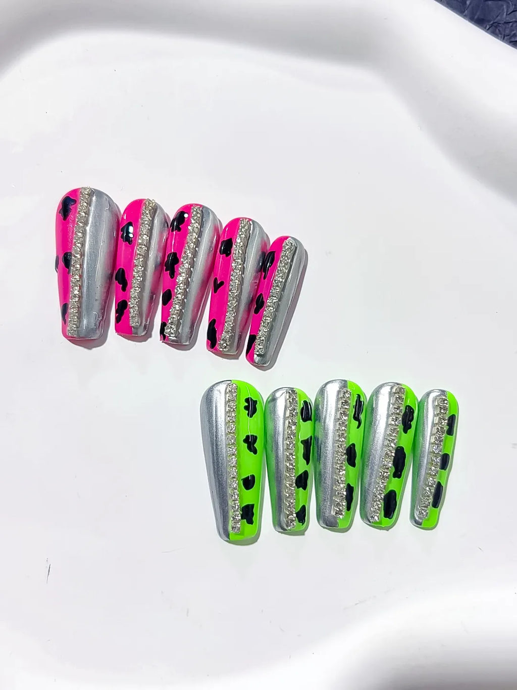 Pink Green Silver Black Abstract Animal Print press on nails detail view