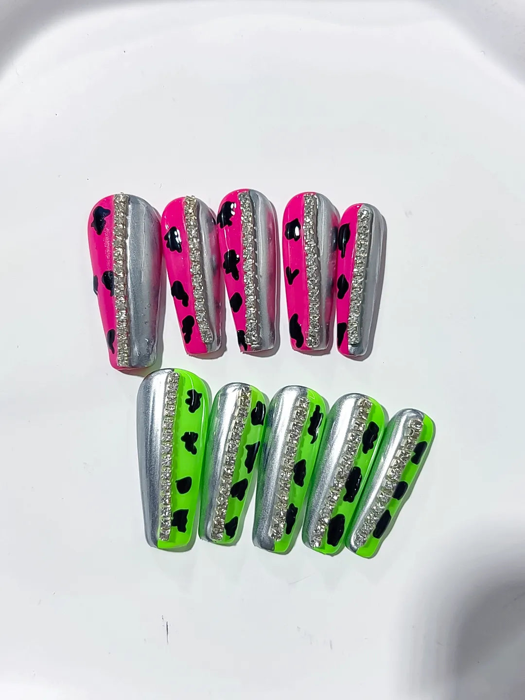 Pink Green Silver Black Abstract Animal Print press on nails detail view