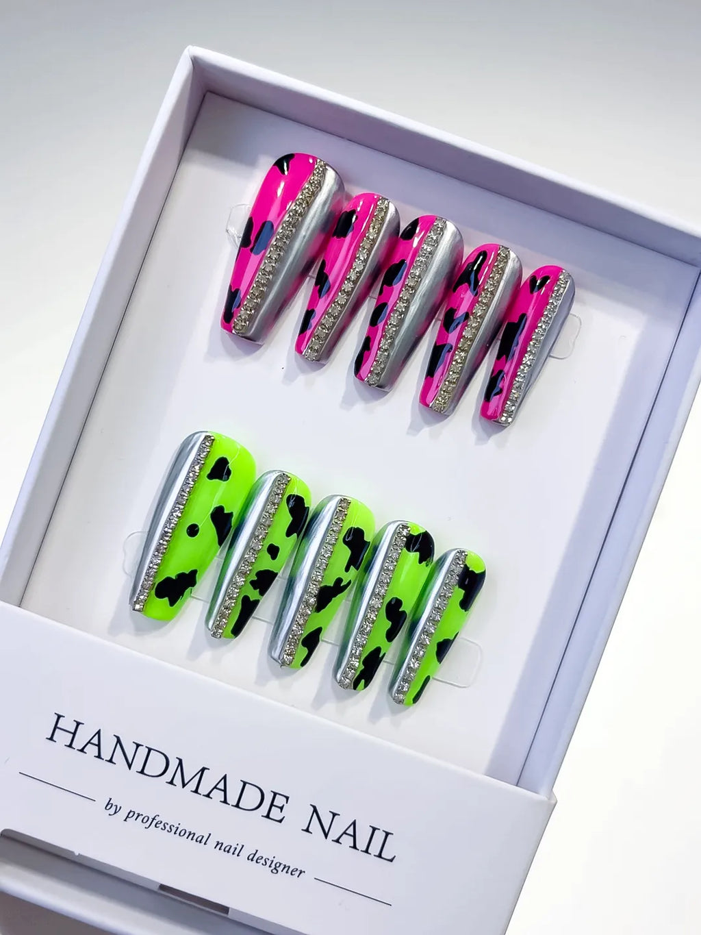 Pink Green Silver Black Abstract Animal Print press on nails