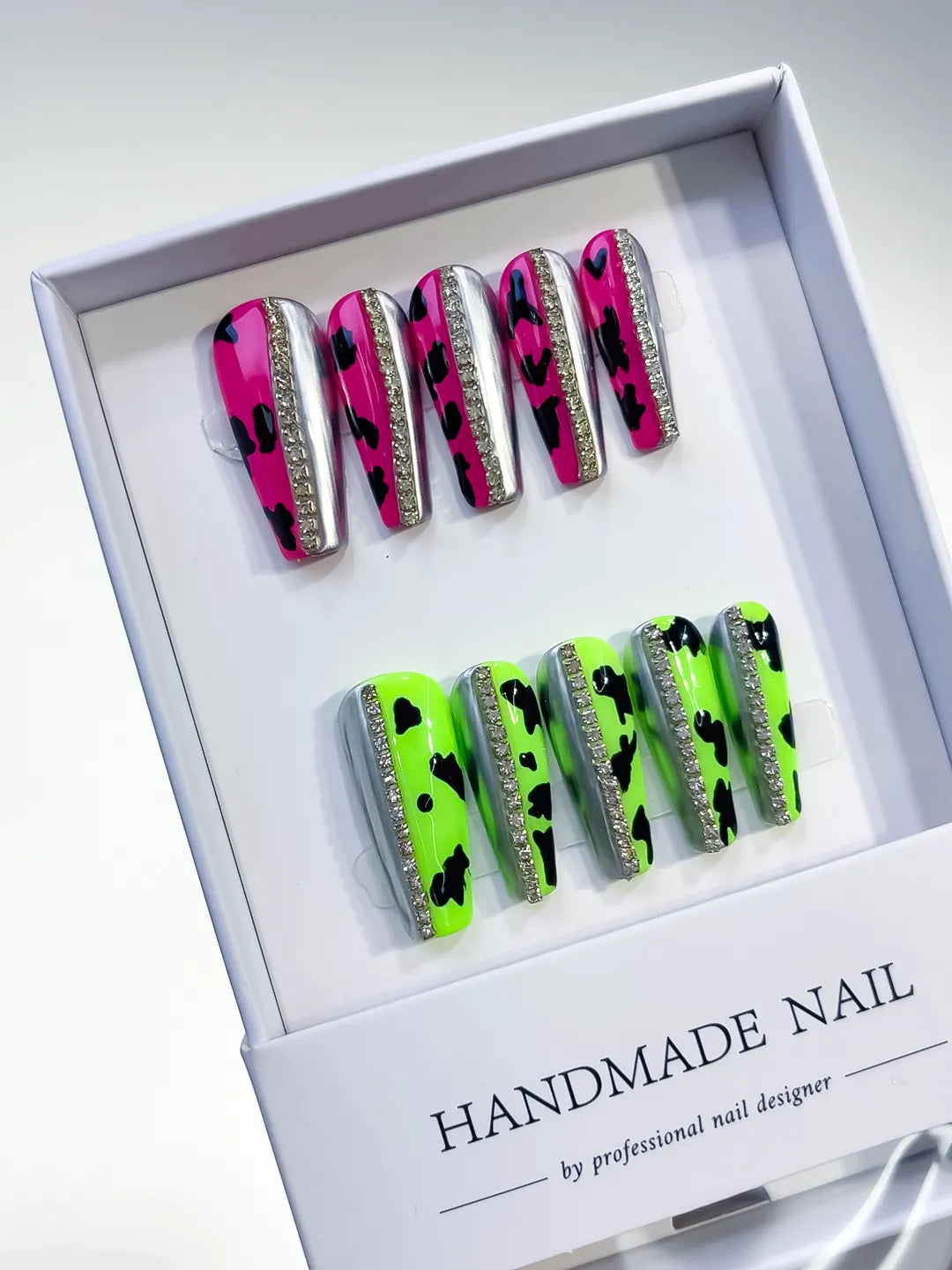 Pink Green Silver Black Abstract Animal Print press on nails angled view