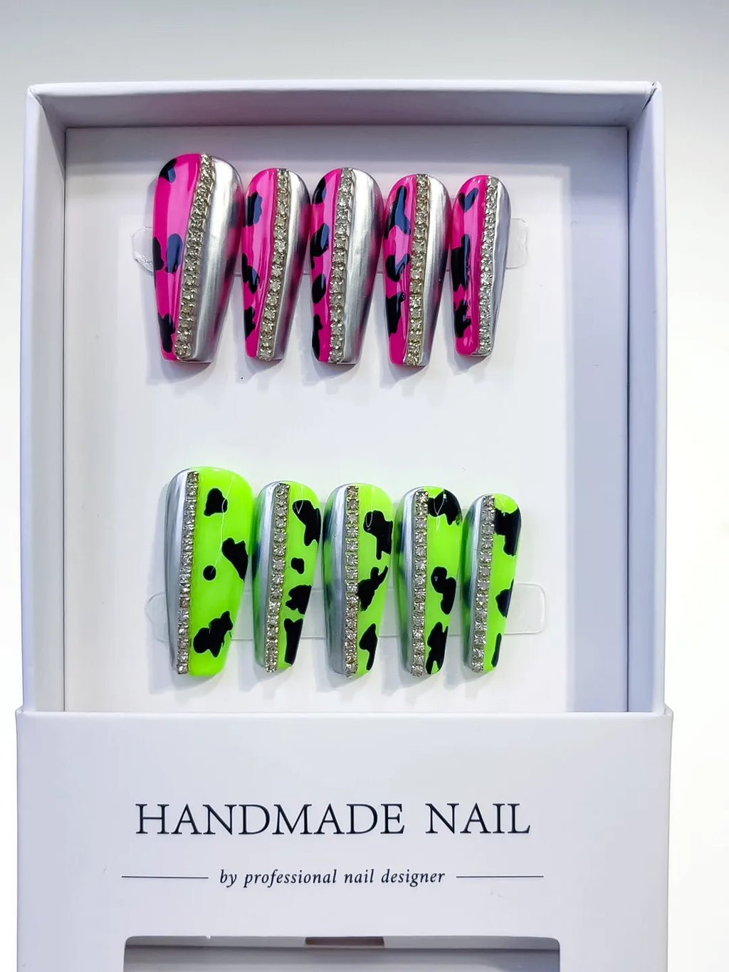 Pink Green Silver Black Abstract Animal Print press on nails full set view