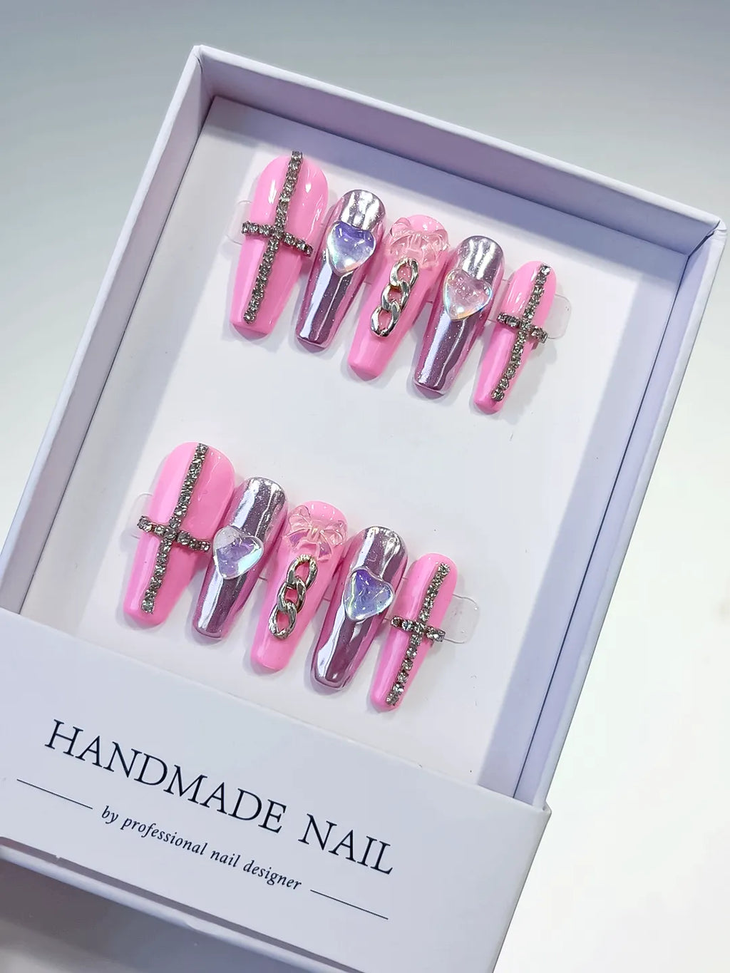 Pink Silver Metallic Heart Chain Rhinestone press on nails