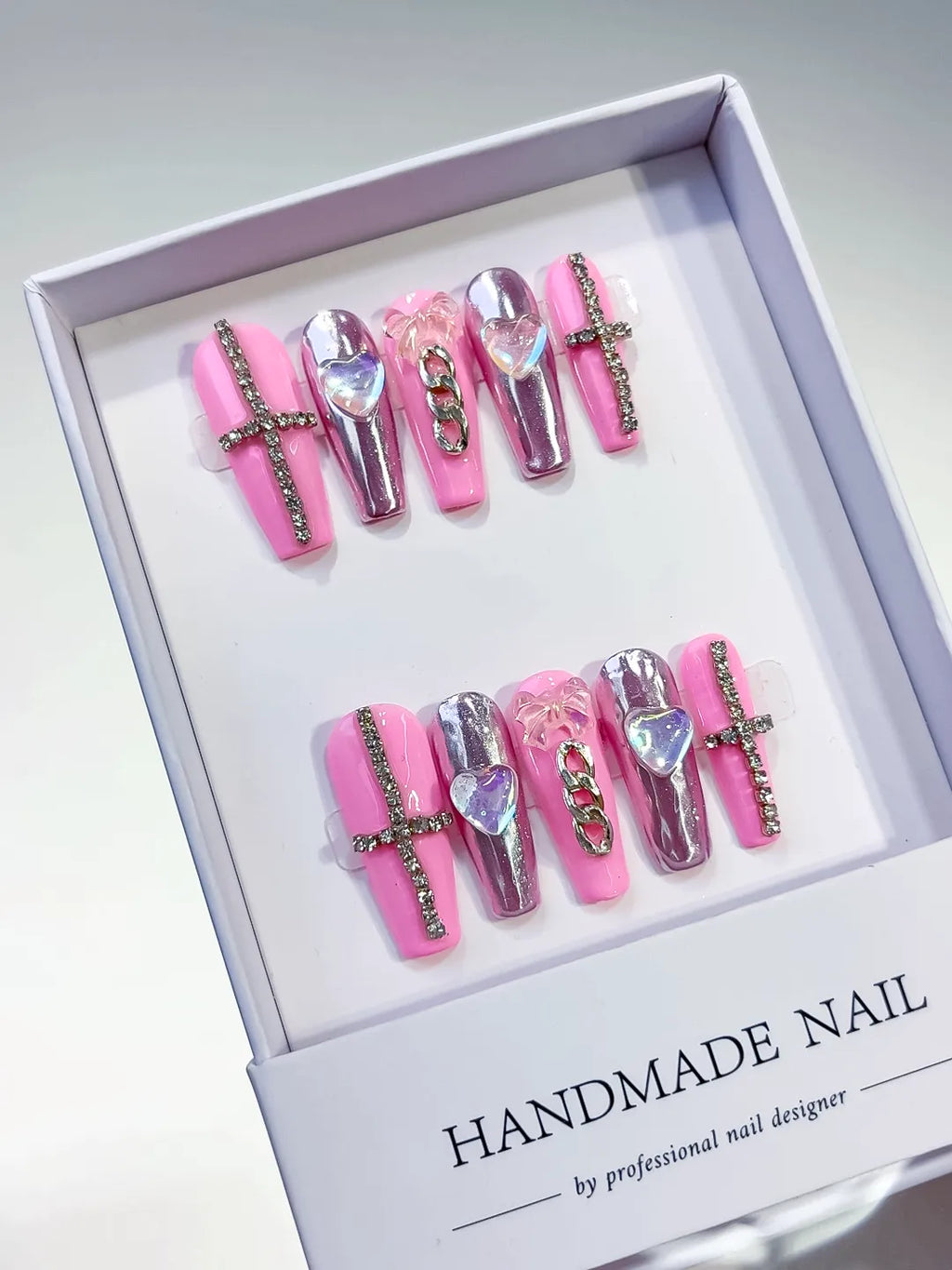 Pink Silver Metallic Heart Chain Rhinestone press on nails angled view