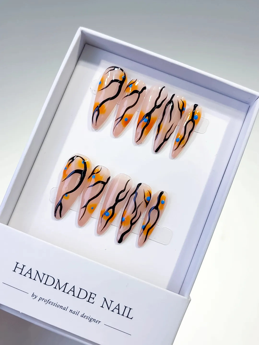 Nude Orange Black Blue Abstract Dot Pattern press on nails
