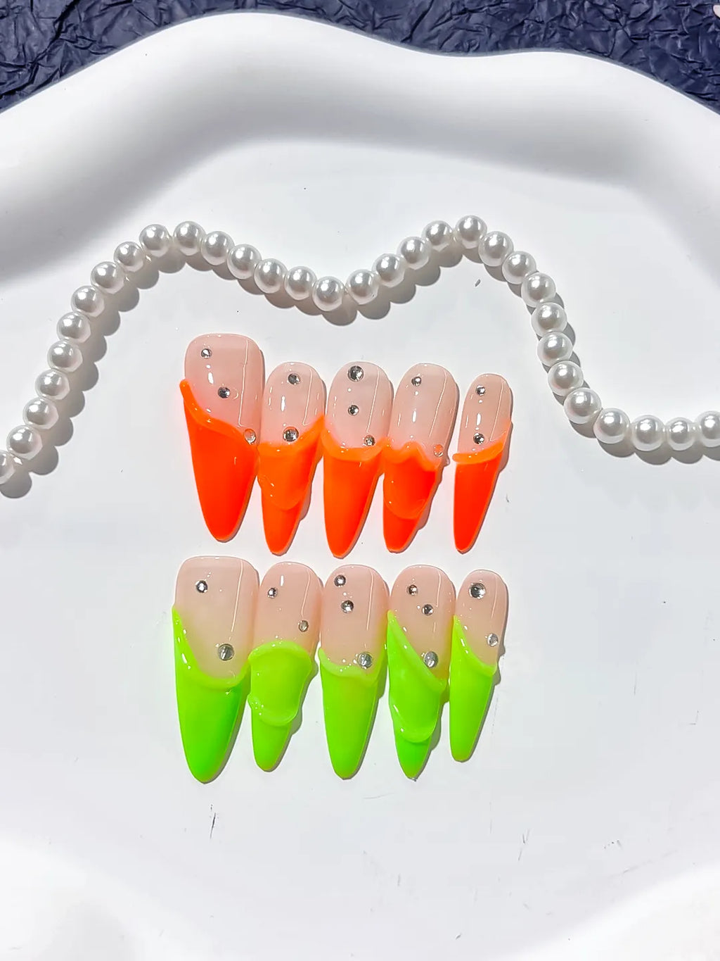 Nude Orange Green French tip Rhinestone press on nails detail view