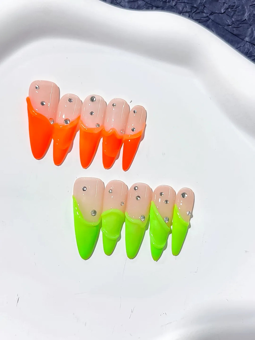 Nude Orange Green French tip Rhinestone press on nails close up
