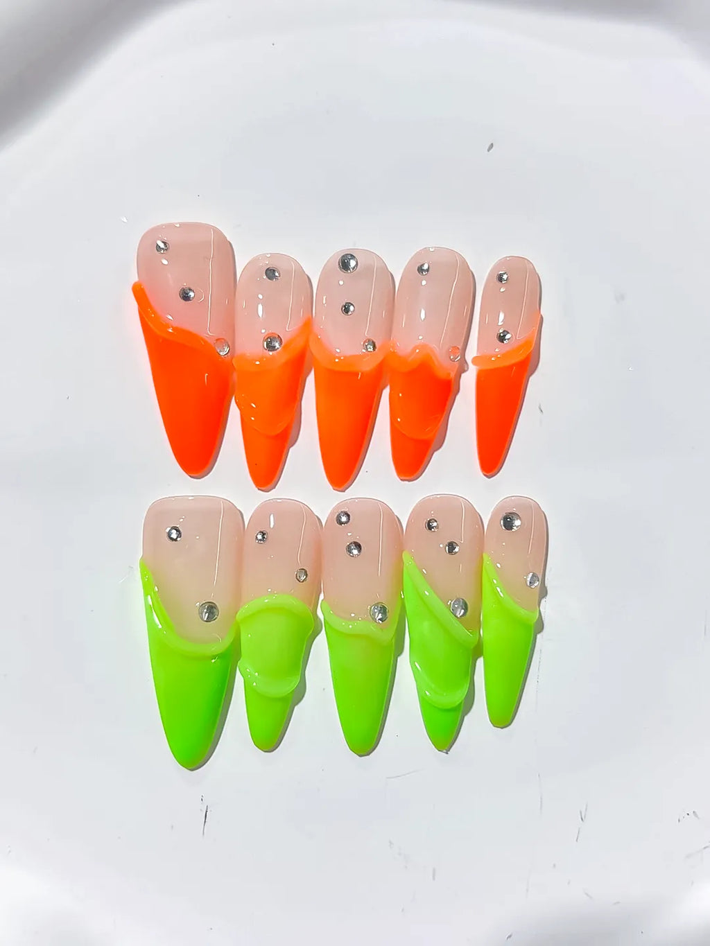 Nude Orange Green French tip Rhinestone press on nails detail view