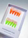 Nude Orange Green French tip Rhinestone press on nails