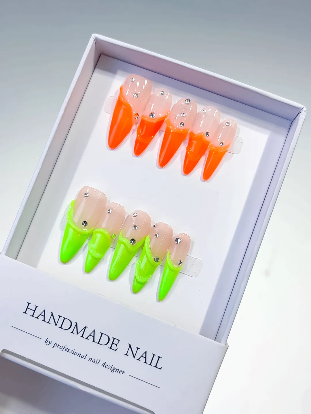 Nude Orange Green French tip Rhinestone press on nails