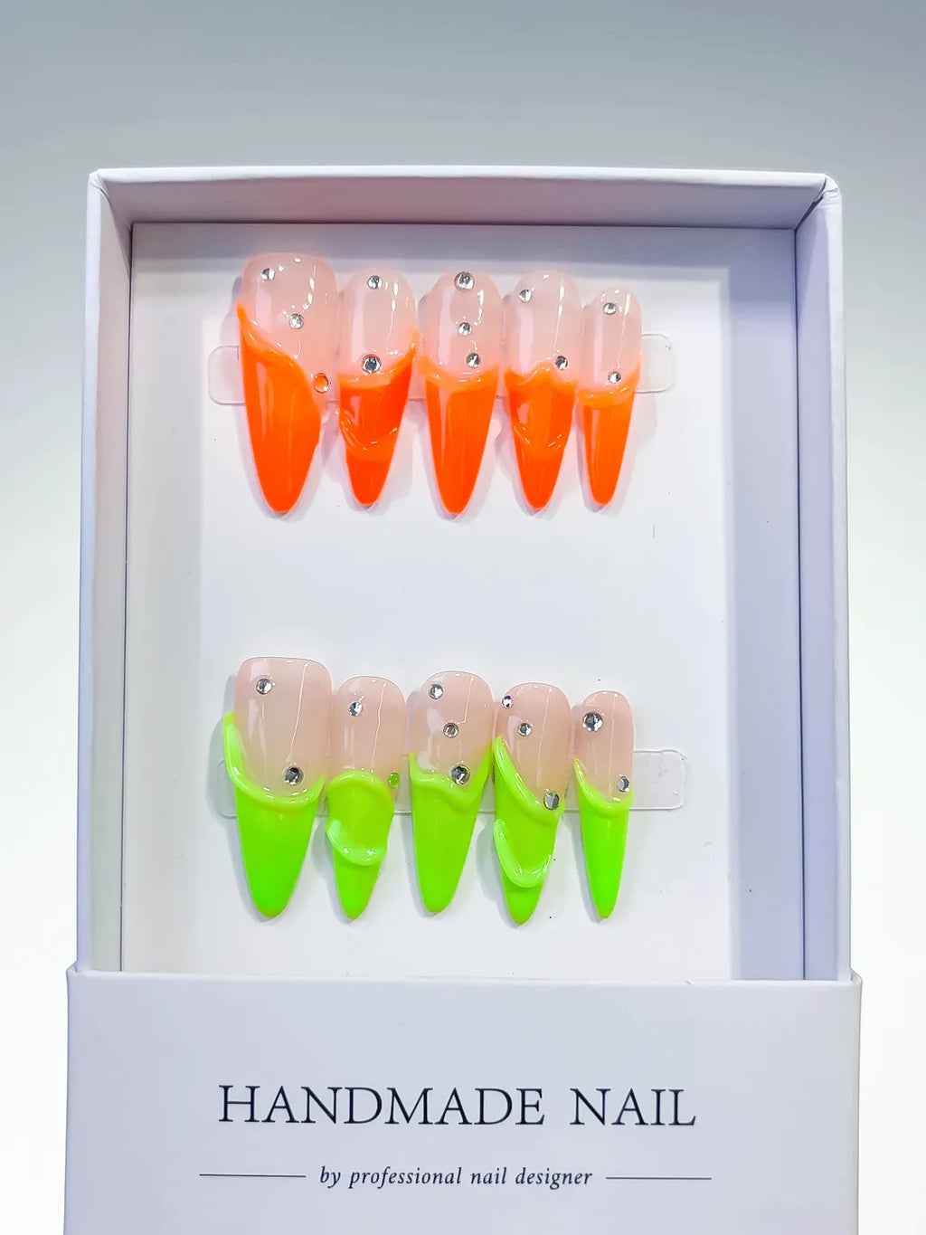 Nude Orange Green French tip Rhinestone press on nails full set view