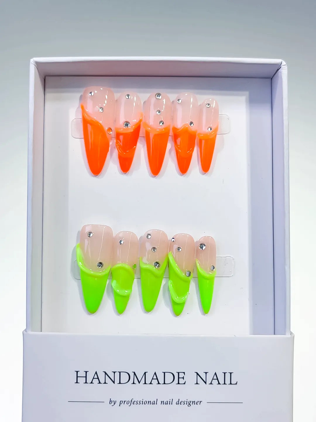 Nude Orange Green French tip Rhinestone press on nails full set view