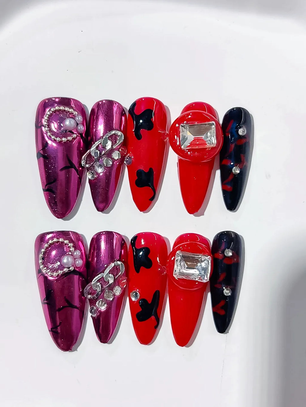 Pink Red Black Silver Metallic Bow Pearl Rhinestone press on nails close up