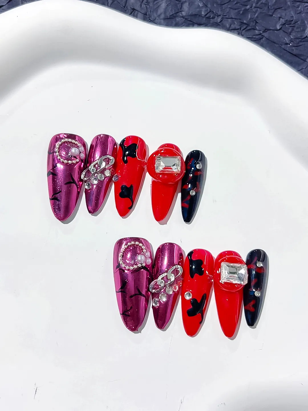 Pink Red Black Silver Metallic Bow Pearl Rhinestone press on nails detail view