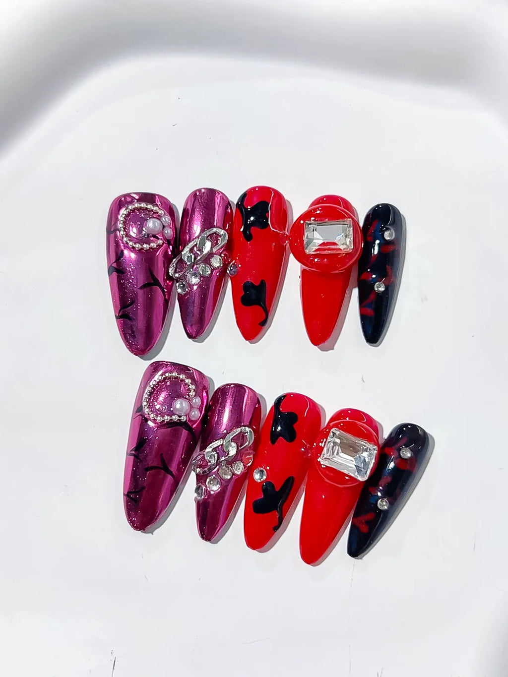 Pink Red Black Silver Metallic Bow Pearl Rhinestone press on nails detail view