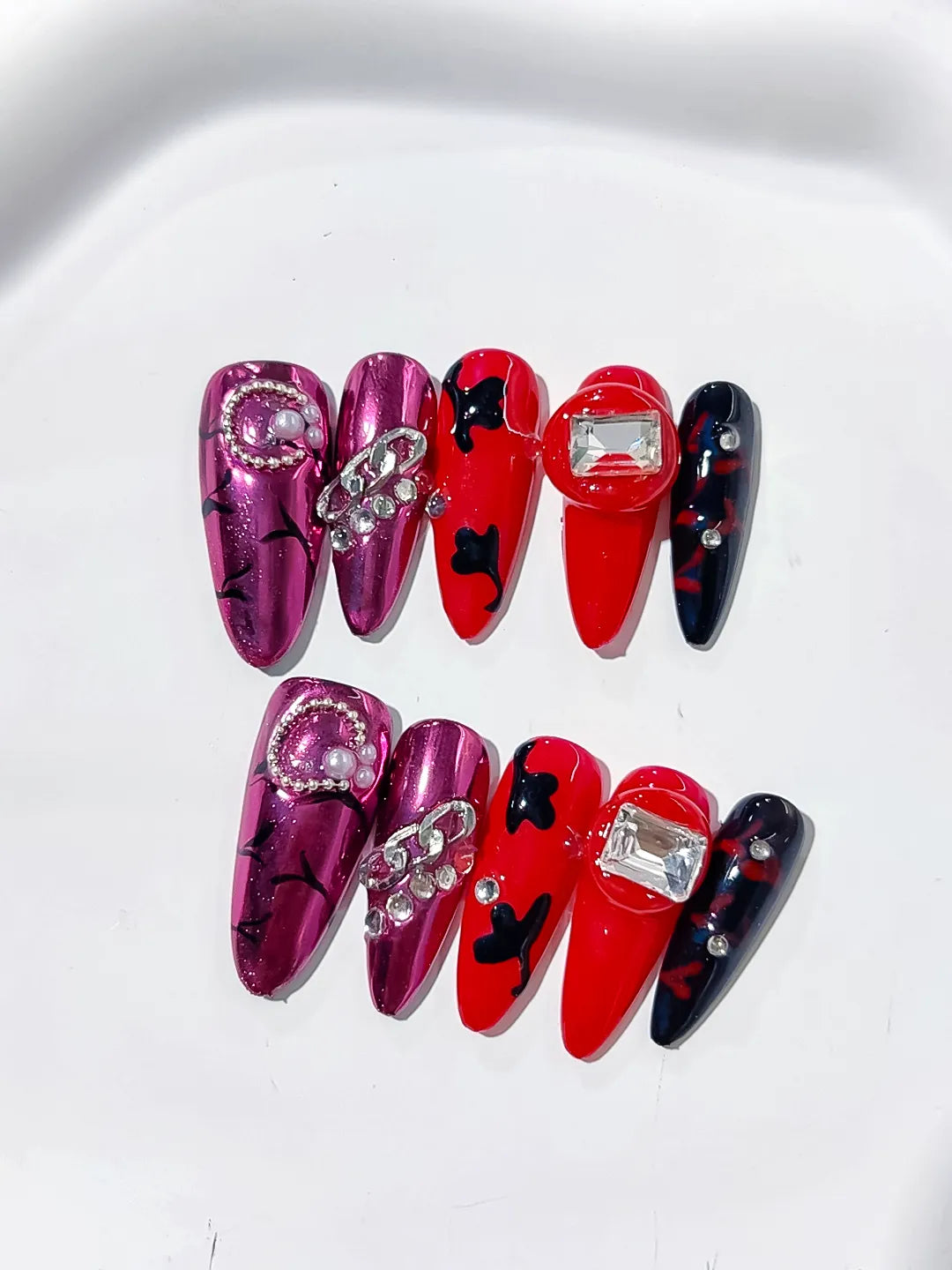 Pink Red Black Silver Metallic Bow Pearl Rhinestone press on nails detail view