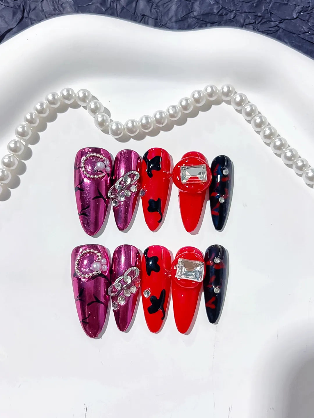 Pink Red Black Silver Metallic Bow Pearl Rhinestone press on nails detail view