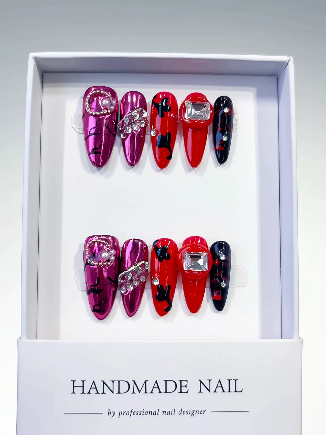 Pink Red Black Silver Metallic Bow Pearl Rhinestone press on nails full set view