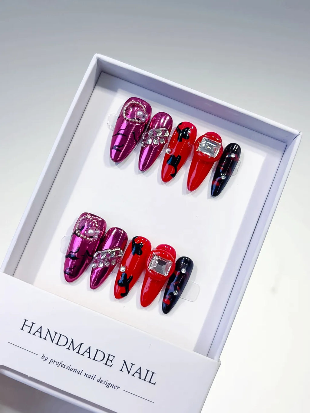 Pink Red Black Silver Metallic Bow Pearl Rhinestone press on nails