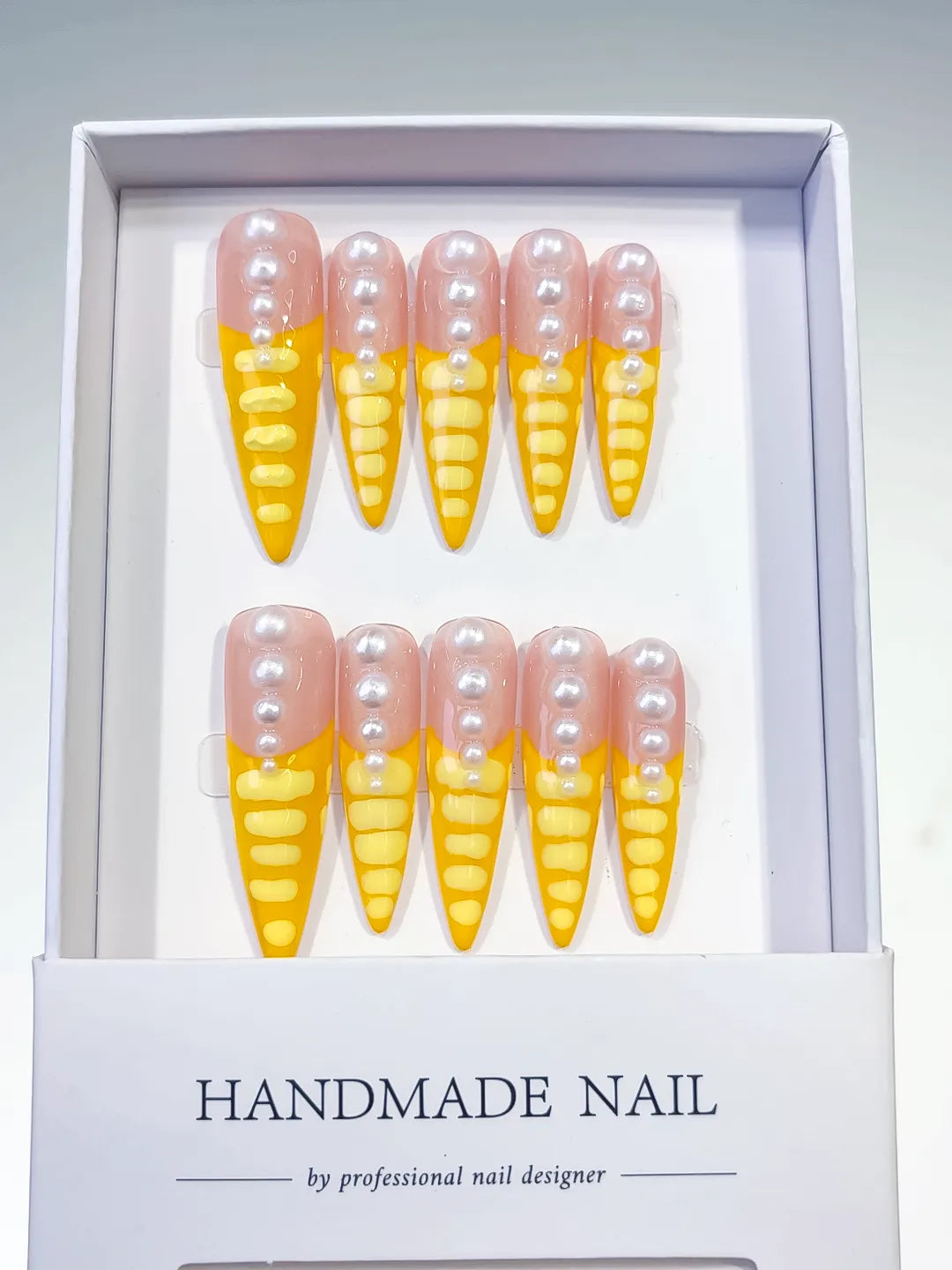 Nude Yellow White French tip Pearl press on nails full set view