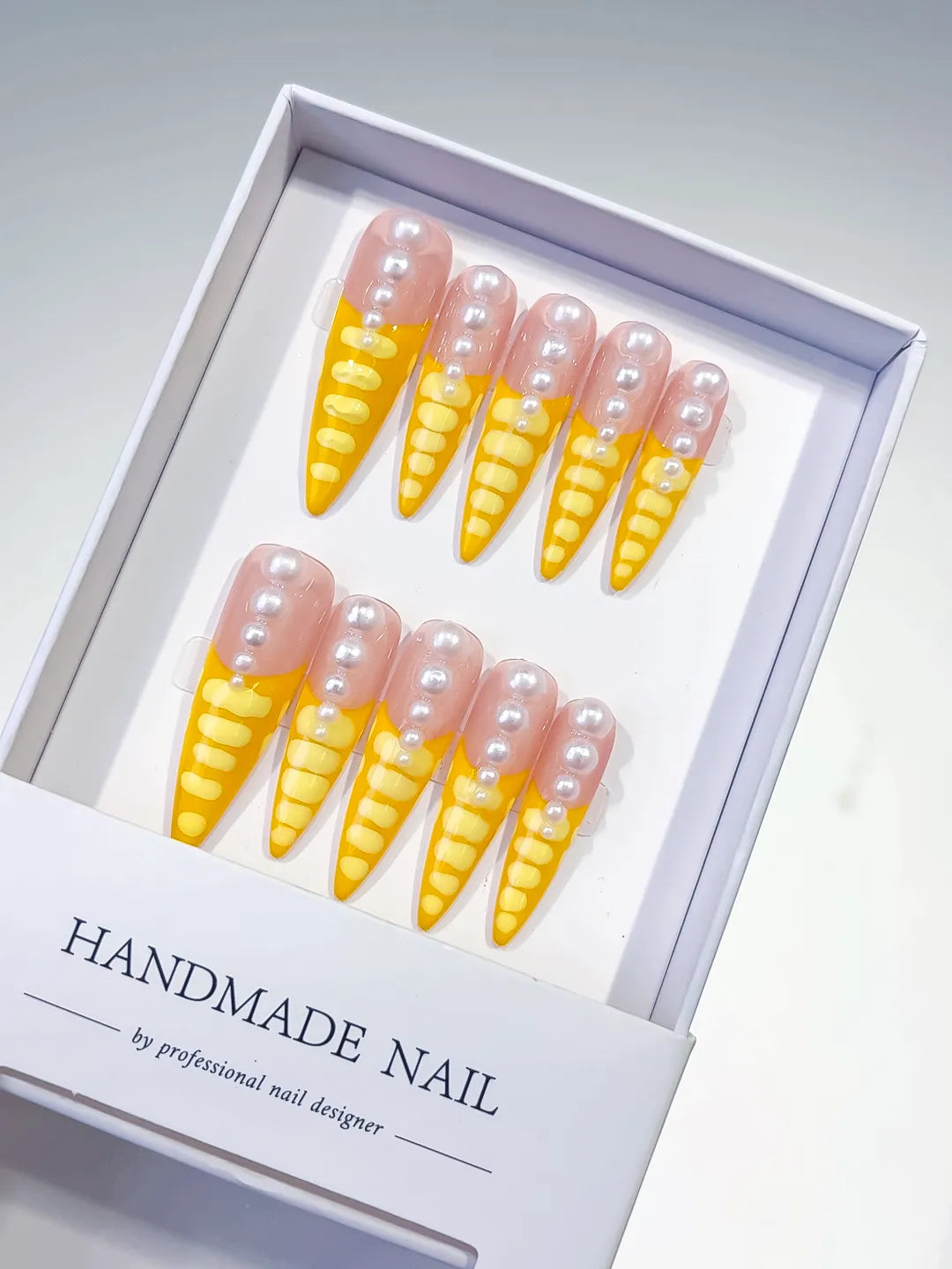 Nude Yellow White French tip Pearl press on nails