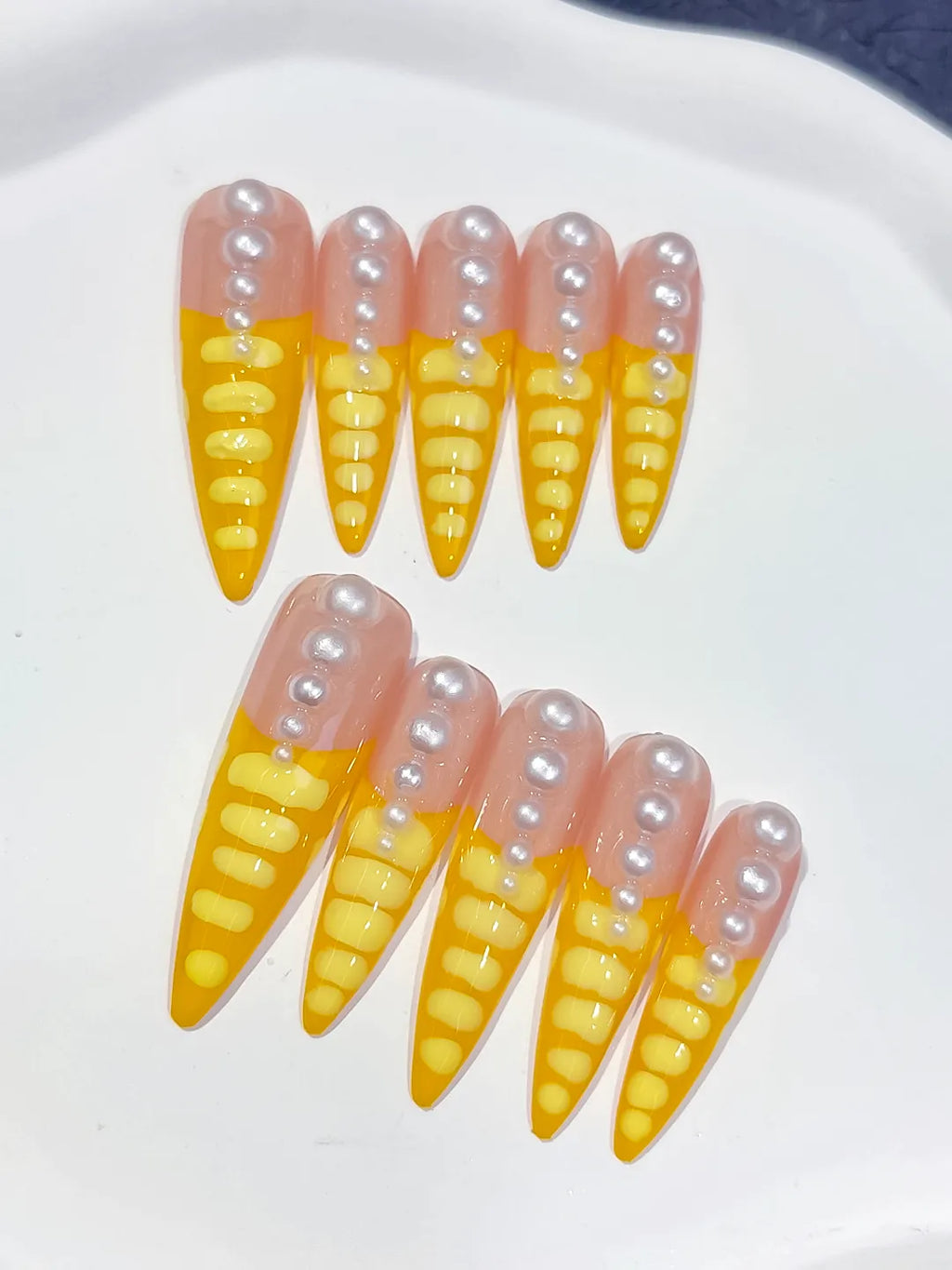 Nude Yellow White French tip Pearl press on nails detail view